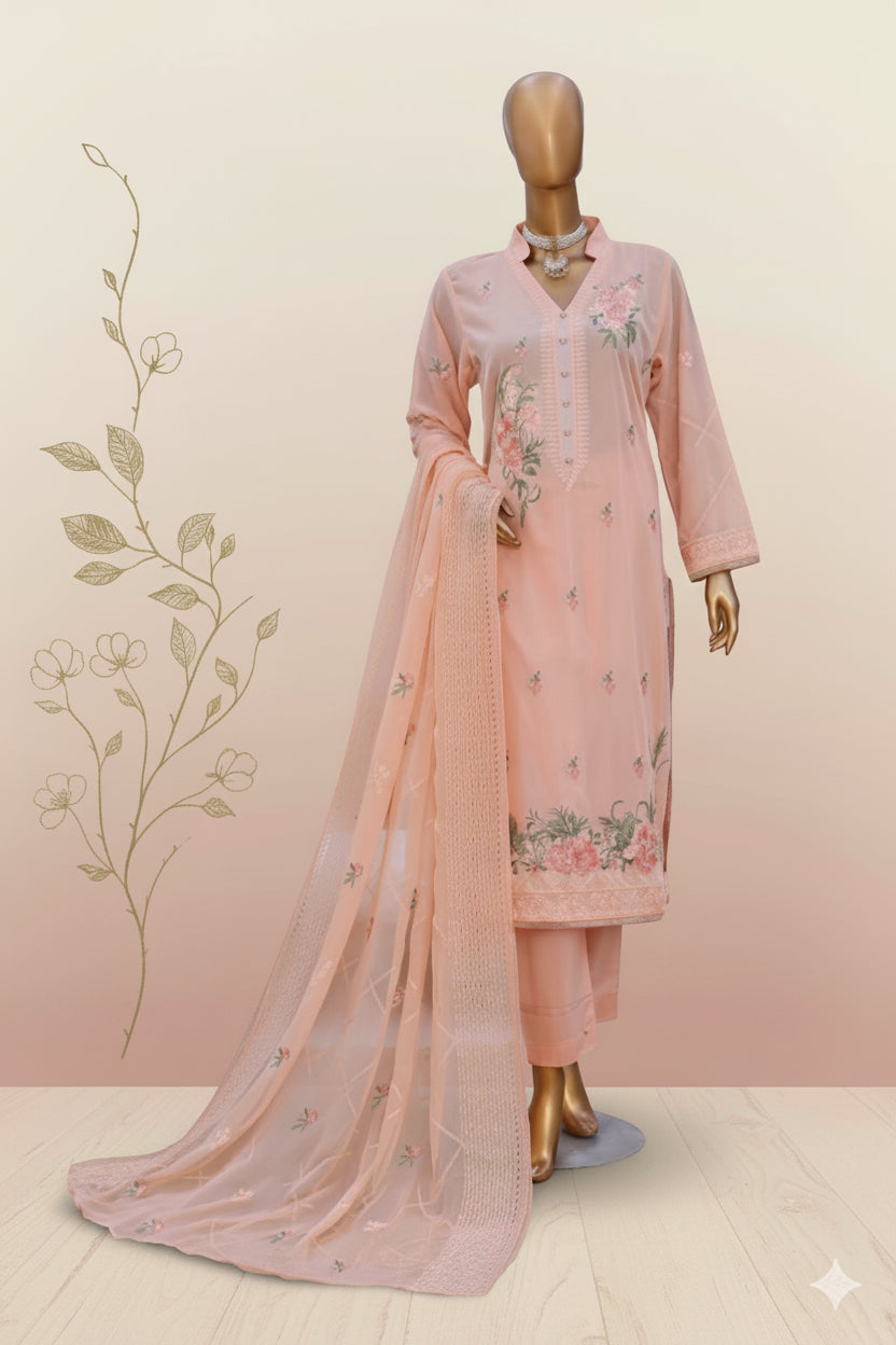 Pink embroidered outfit with dupatta on a mannequin against a pink background